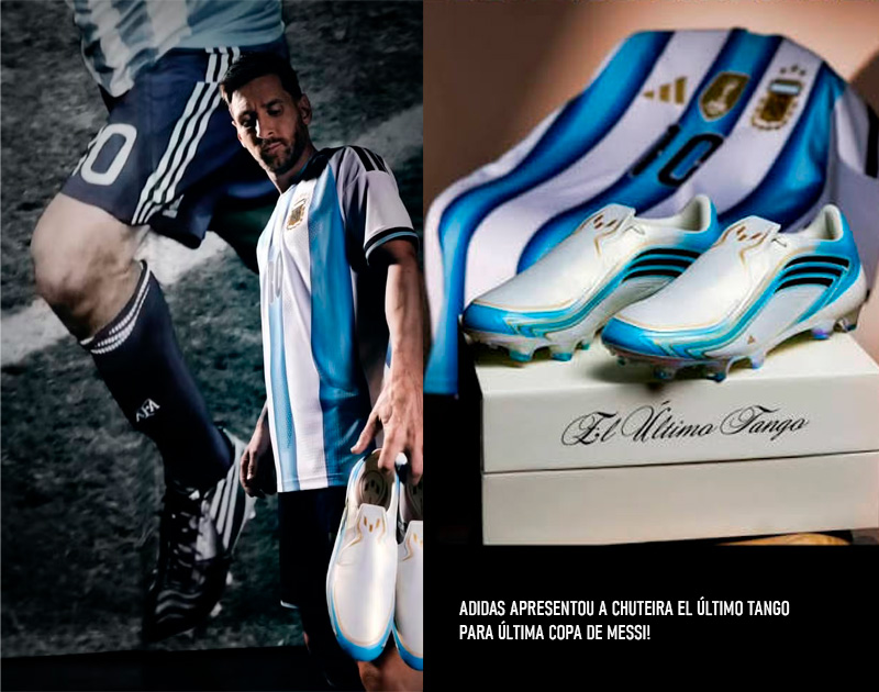 Messi segurando a chuteira Adidas El Último Tango branca e azul ao lado da caixa do modelo