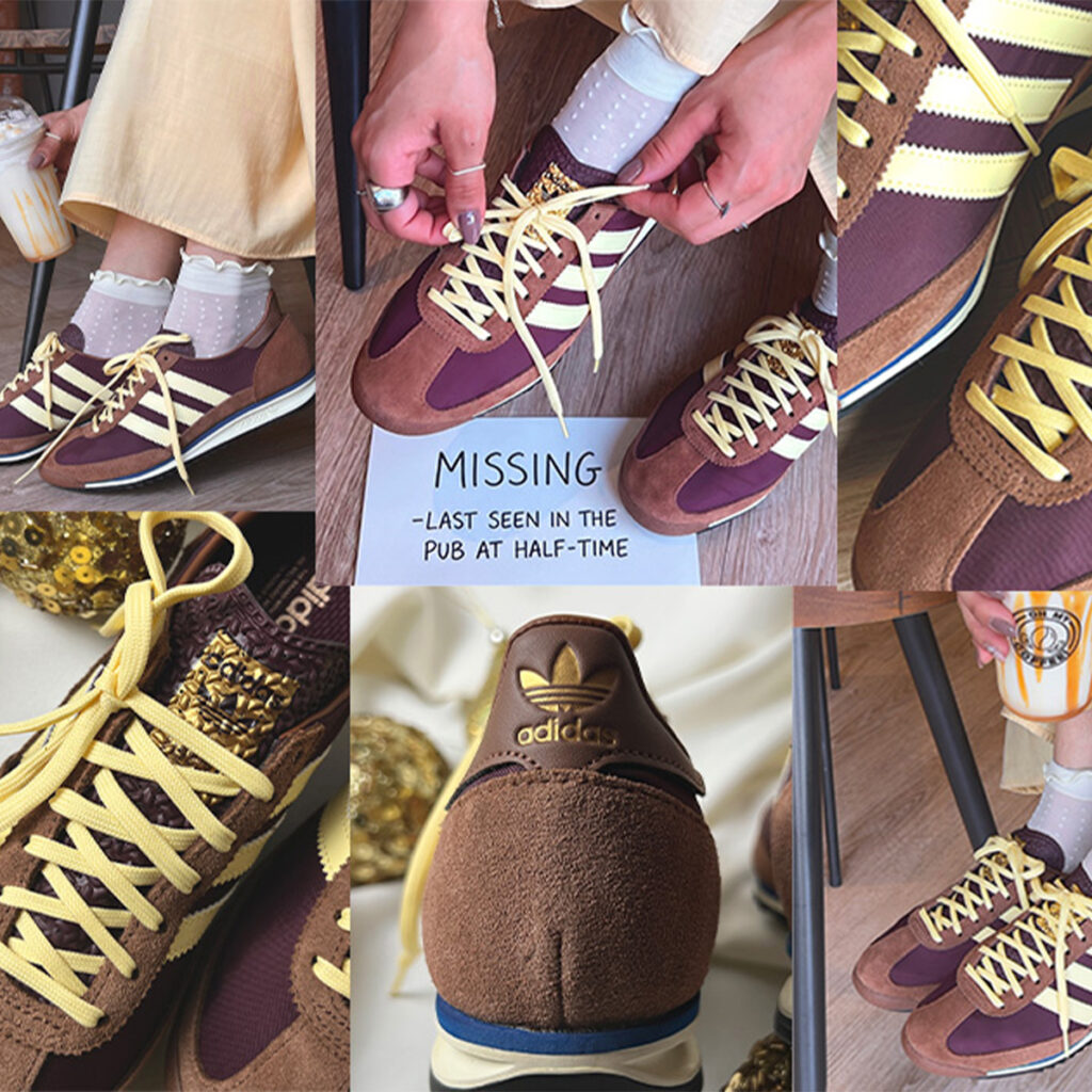 Detalhes do tênis Adidas SL72 em cores marrom e amarelo.