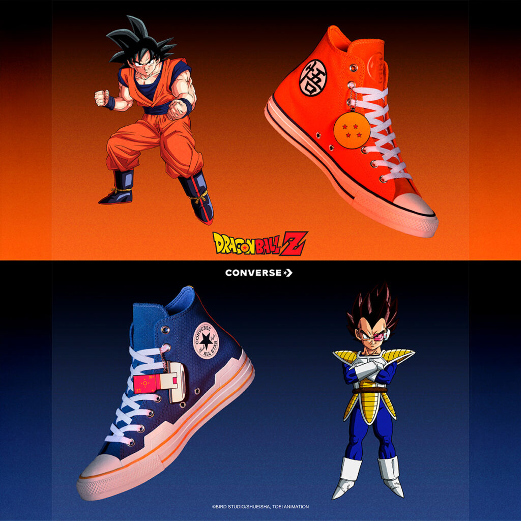 Tênis Converse Chuck Taylor da colaboração Dragon Ball Z na cor laranja ao lado do personagem Goku.