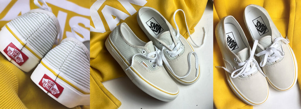 Detalhes do tênis Vans Authentic na cor creme com fundo amarelo